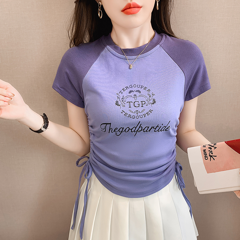 Mixed colors slim T-shirt retro spring tops for women