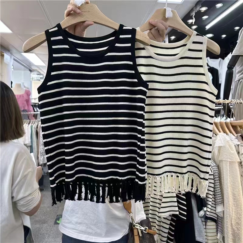 Stripe mixed colors loose knitted T-shirt for women