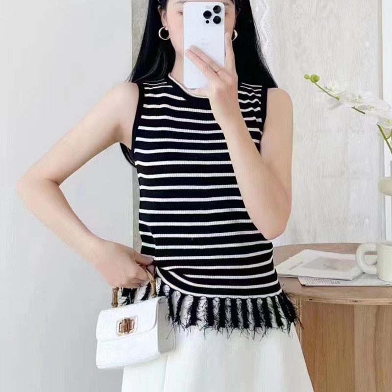 Stripe mixed colors loose knitted T-shirt for women