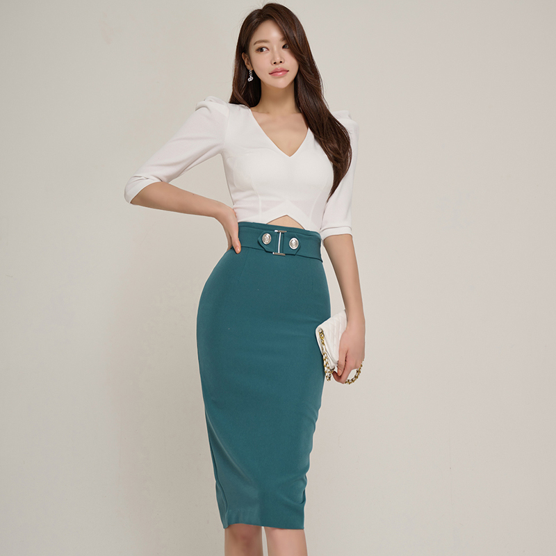 Package hip V-neck skirt short tops 2pcs set