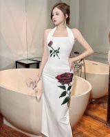White printing halter dress sexy long evening dress
