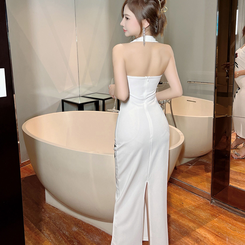 White printing halter dress sexy long evening dress