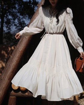 Doll long spring V-neck frenum temperament white dress