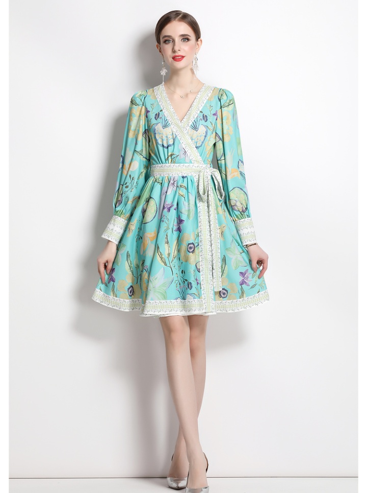 Short spring printing V-neck waist long sleeve frenum dress