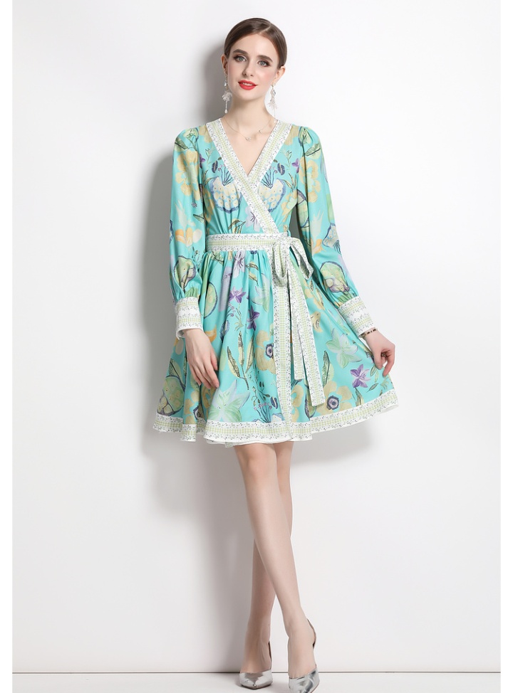 Short spring printing V-neck waist long sleeve frenum dress