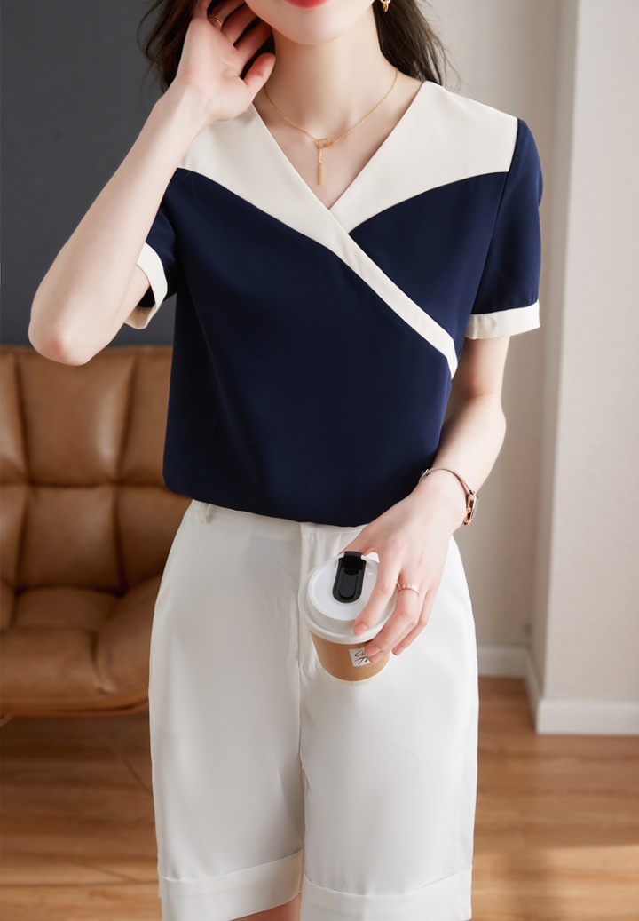 V-neck summer loose shirt chiffon short sleeve tops for women