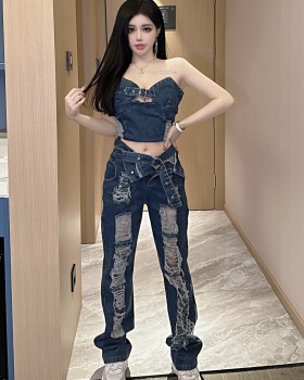 Spicegirl hollow sexy jeans halter holes vest 2pcs set