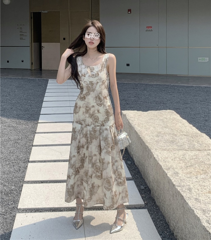 Square collar sweet long dress floral dress for women
