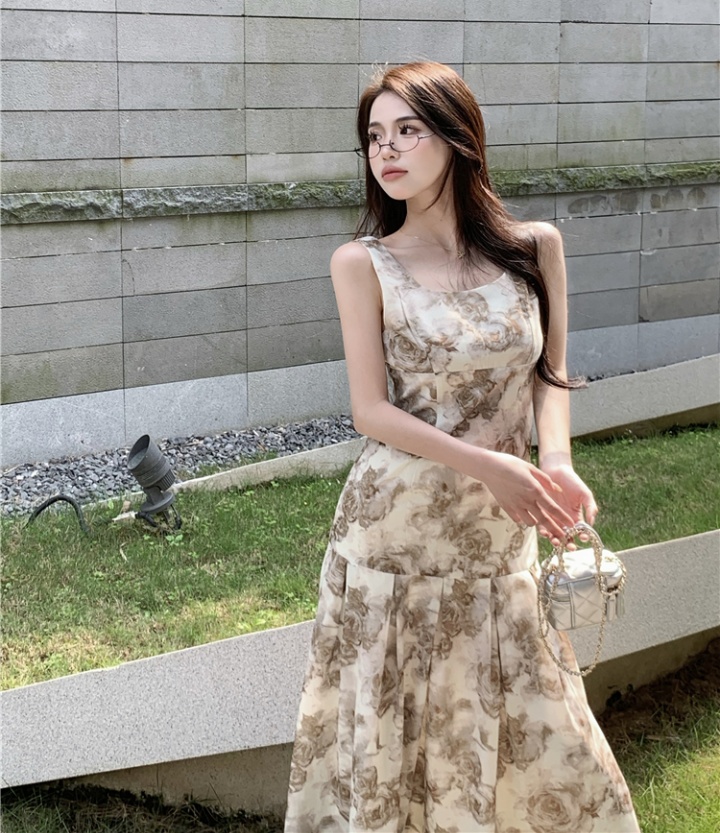 Square collar sweet long dress floral dress for women