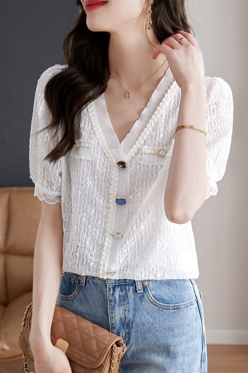 Loose short sleeve lace tops V-neck France style shirt