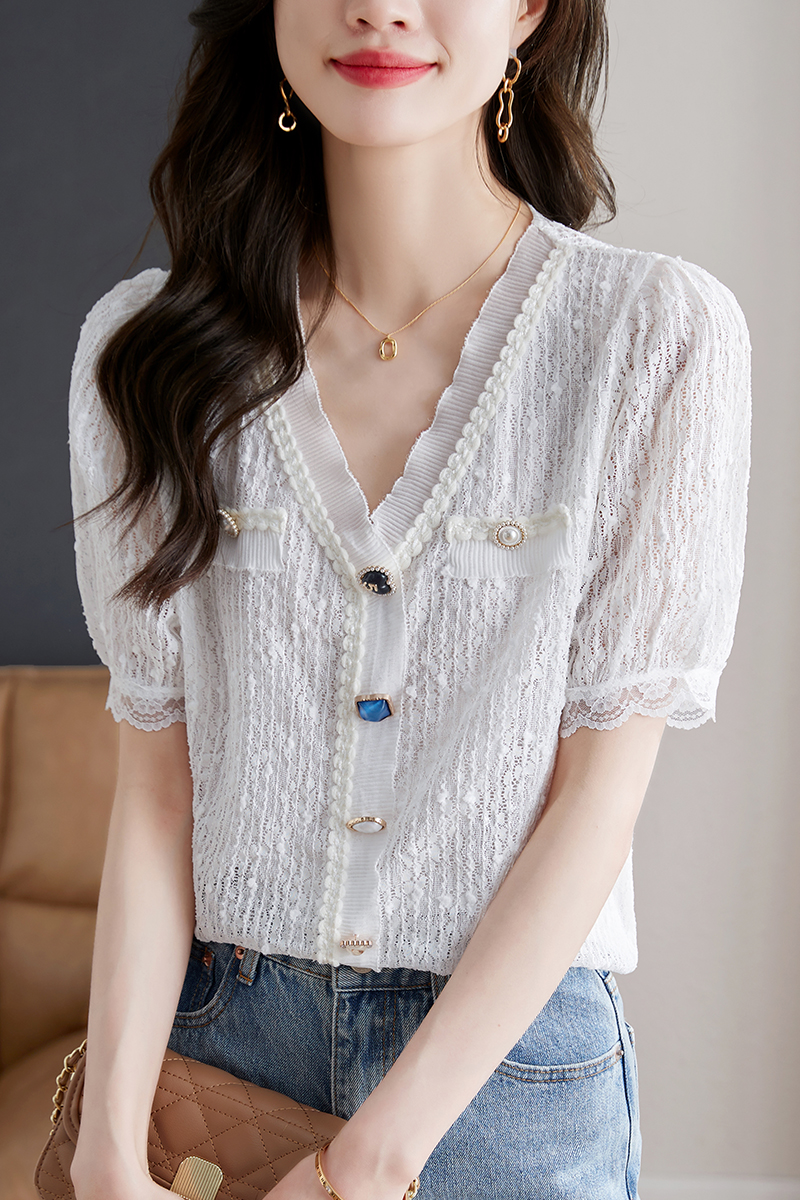 Loose short sleeve lace tops V-neck France style shirt