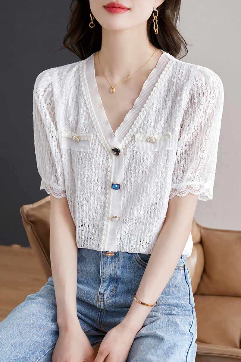 Loose short sleeve lace tops V-neck France style shirt