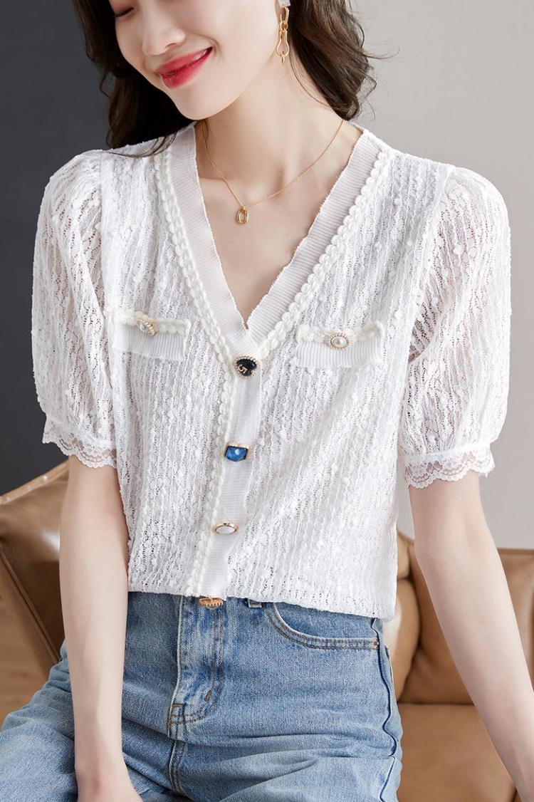 Loose short sleeve lace tops V-neck France style shirt