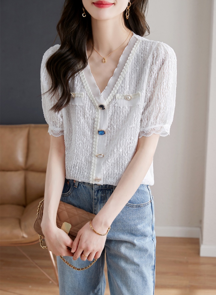 Loose short sleeve lace tops V-neck France style shirt