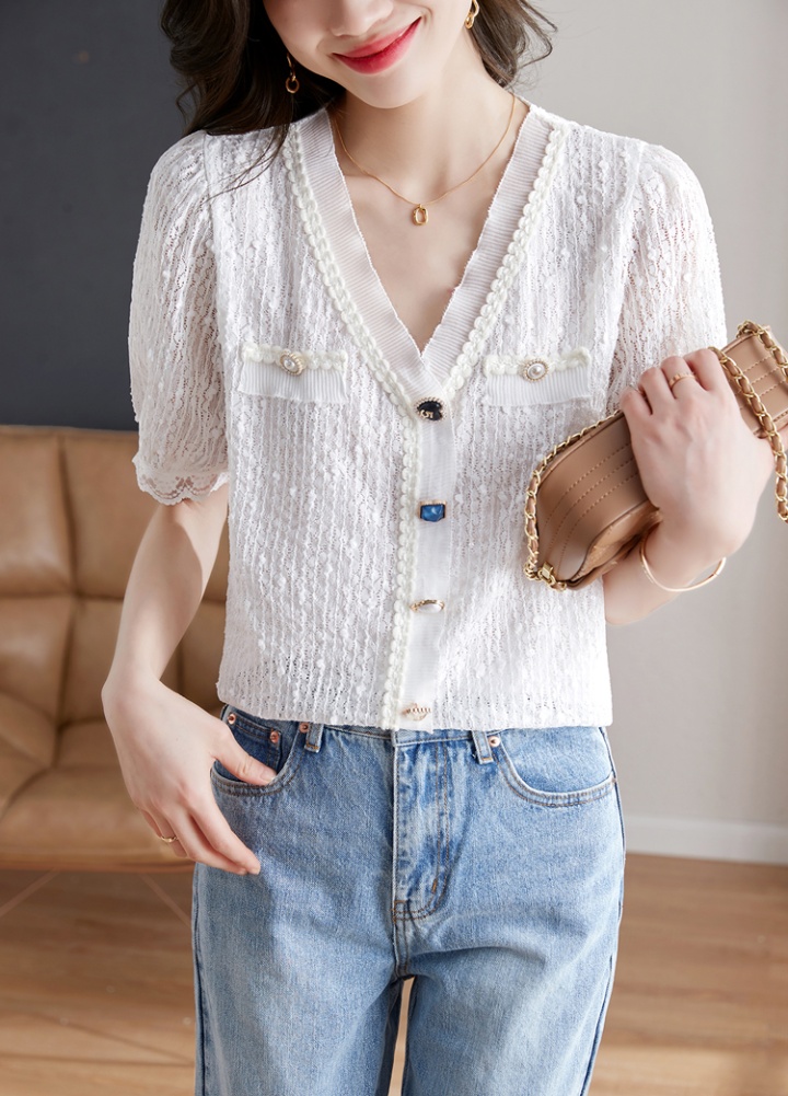 Loose short sleeve lace tops V-neck France style shirt