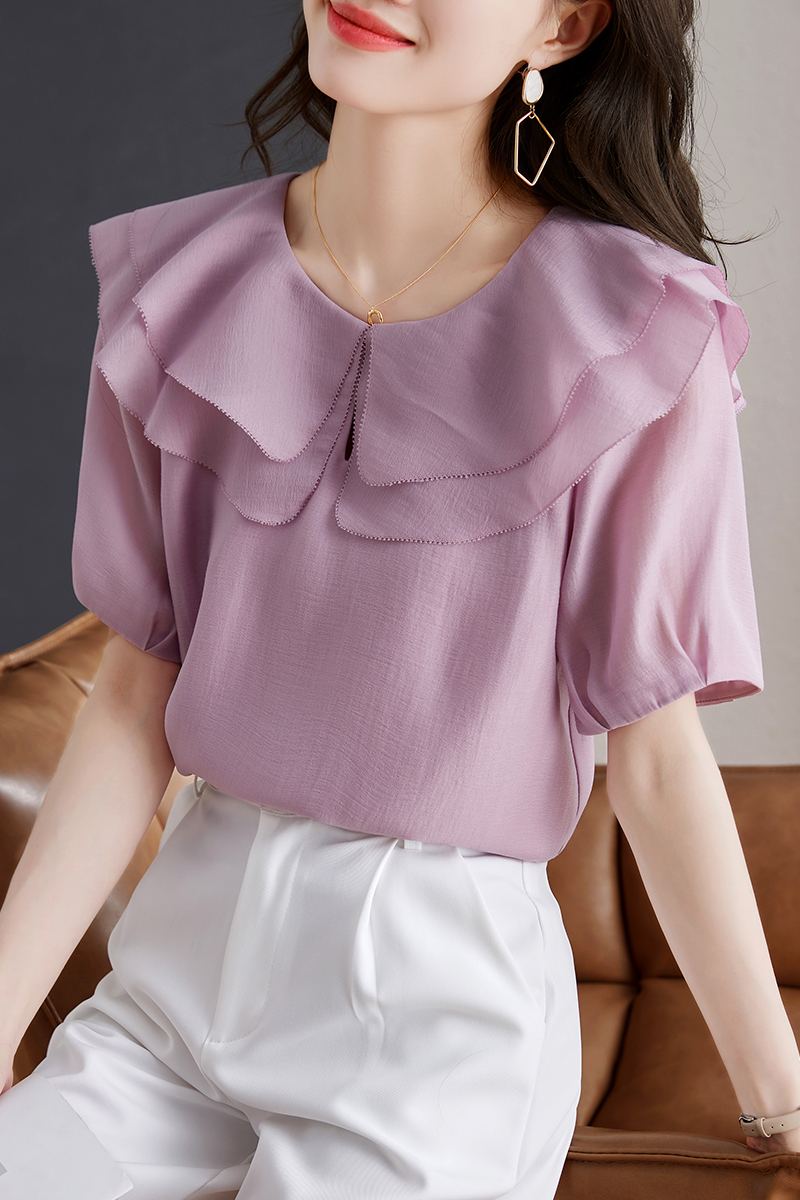 Lotus leaf collar tops purple chiffon shirt for women