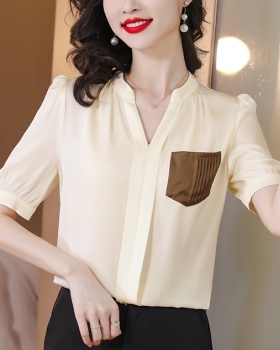 Silk real silk V-neck shirt summer short sleeve tops