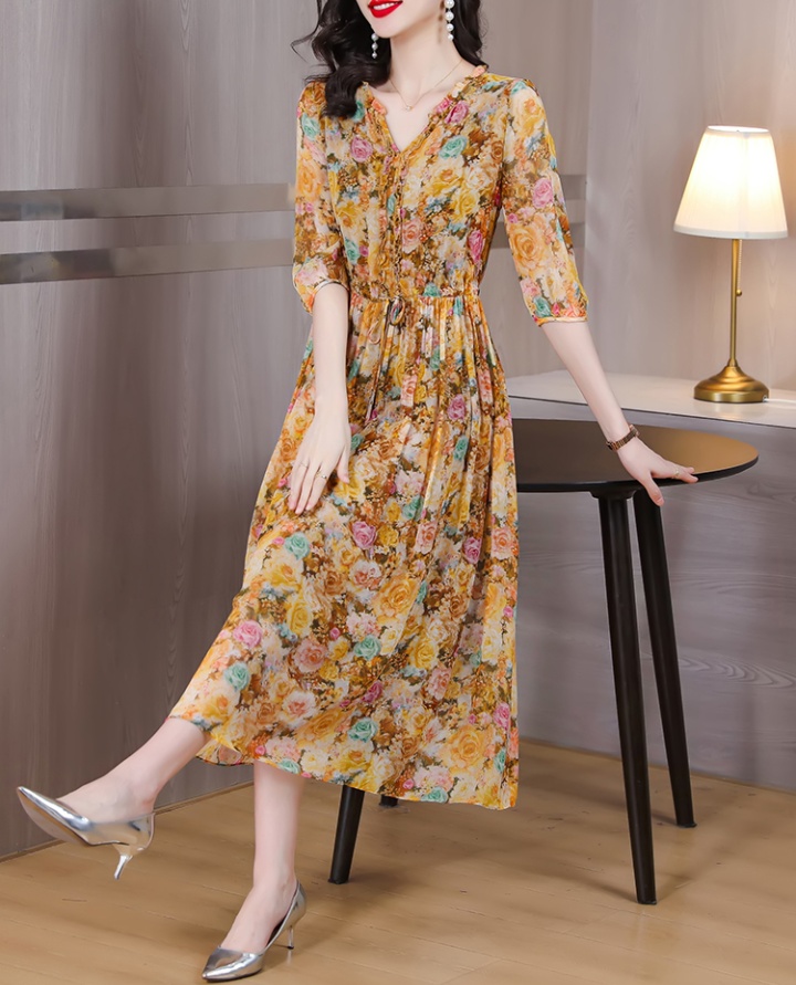 Floral V-neck summer dress silk refinement long dress