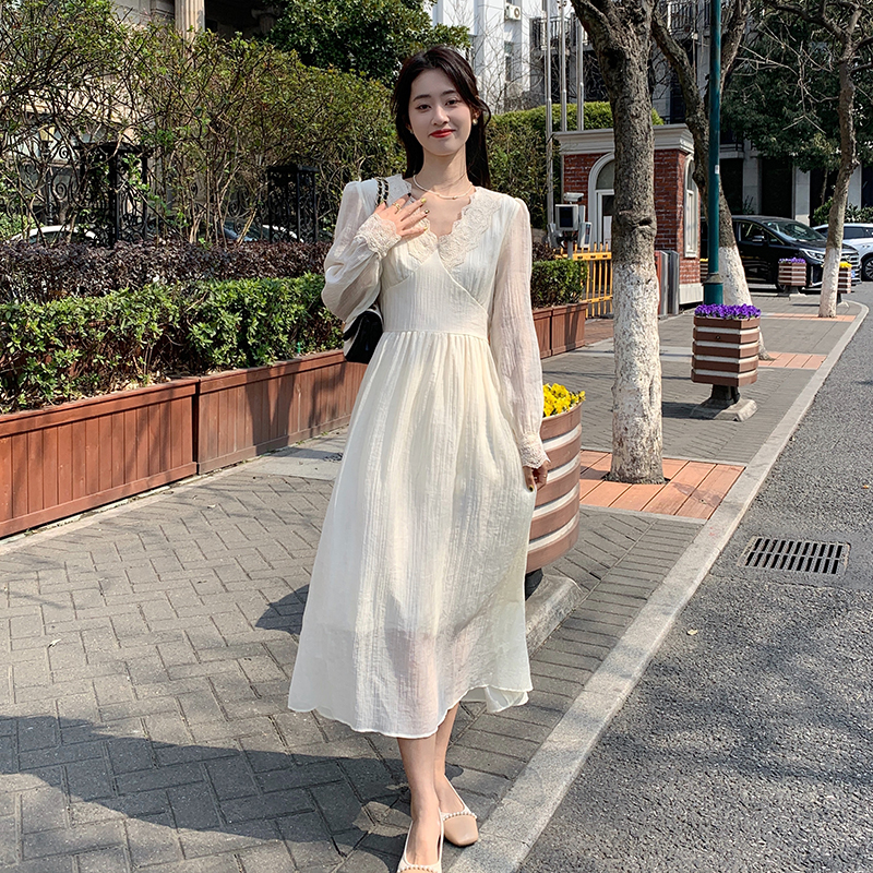 France style spring pinched waist lady long sleeve dress