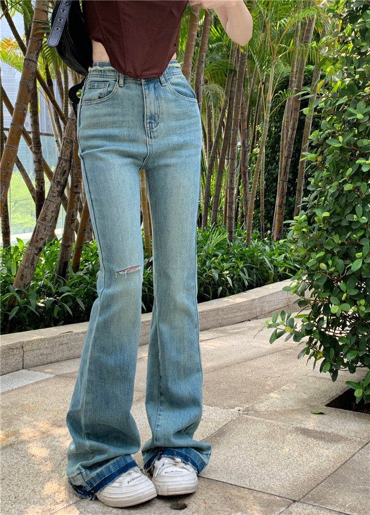 Micro speaker spicegirl high waist flare pants retro holes jeans