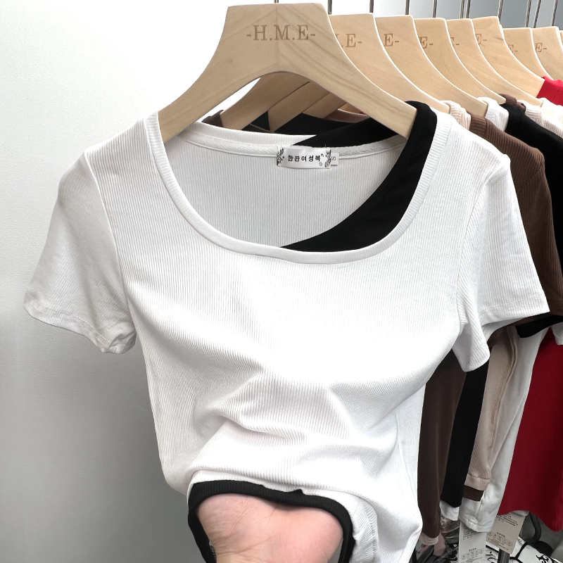Square collar summer tops splice T-shirt for women