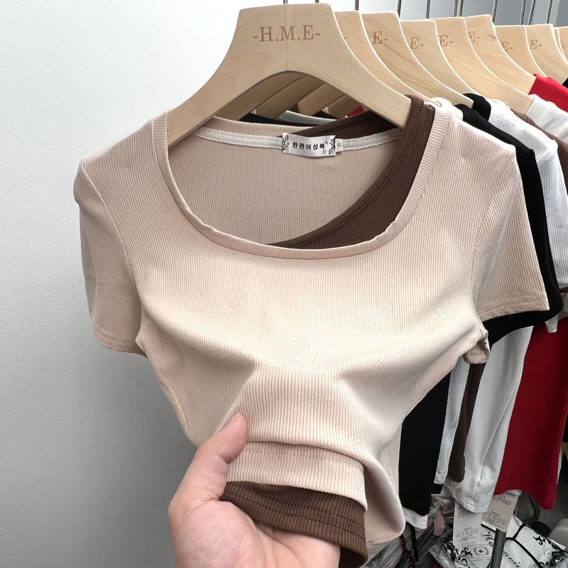 Square collar summer tops splice T-shirt for women