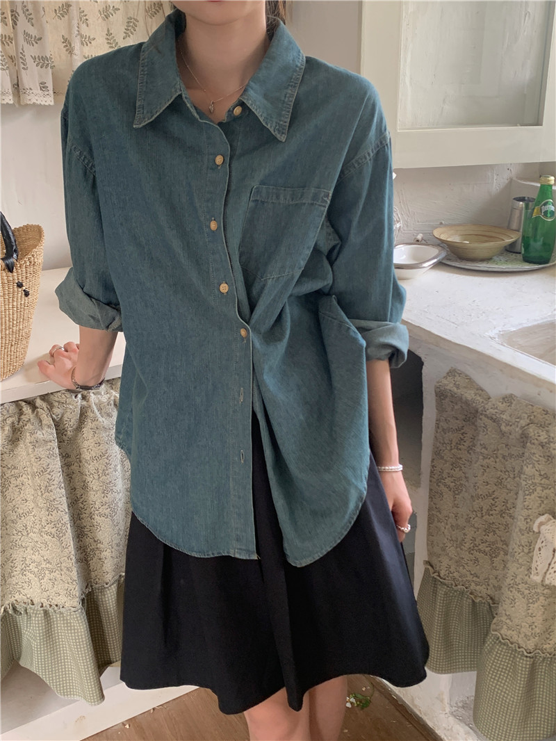 Retro all-match simple washed Korean style shirt