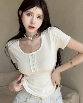 Slim short sleeve tops pinched waist Western style T-shirt