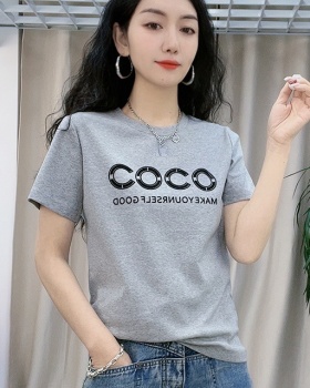 Round neck cotton fashion tops letters loose T-shirt