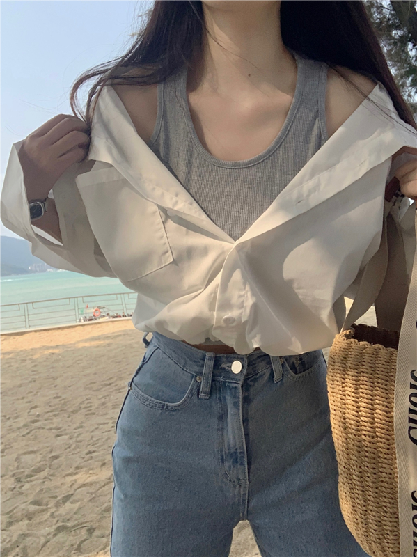 Pseudo-two short shirt simple Korean style tops