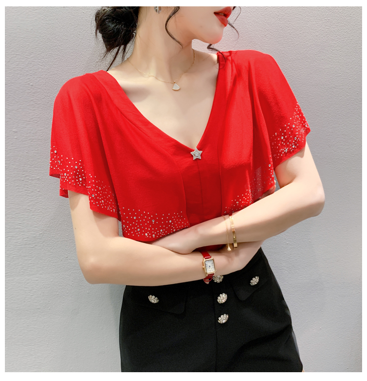 Korean style V-neck small shirt gauze T-shirt