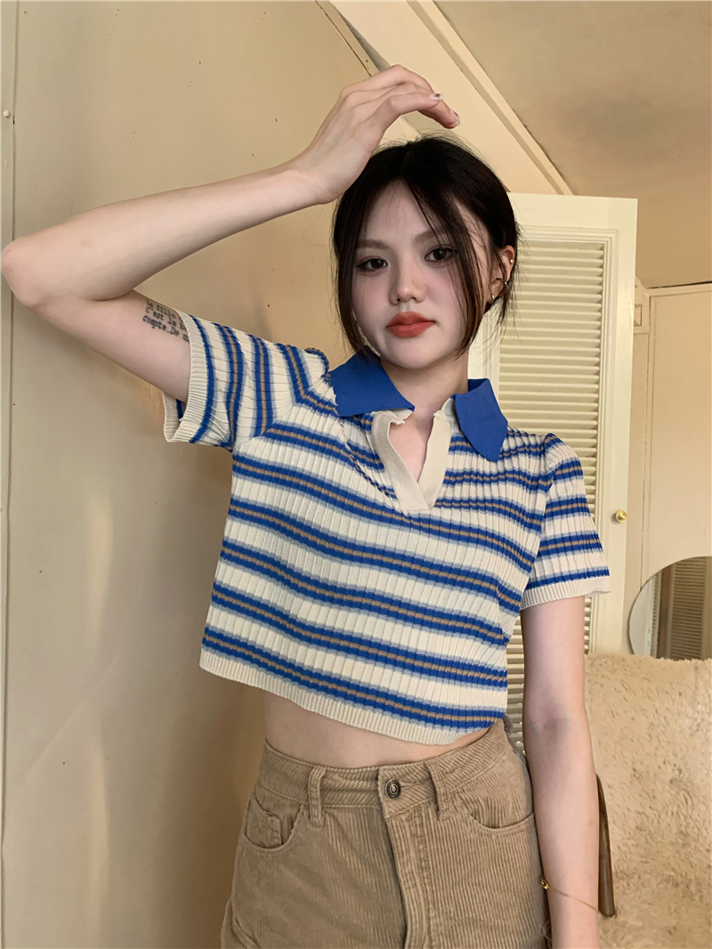 Short stripe tops retro sweater