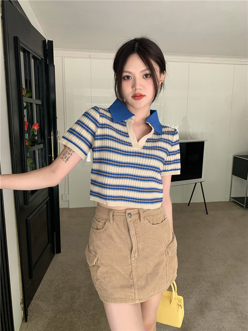 Short stripe tops retro sweater