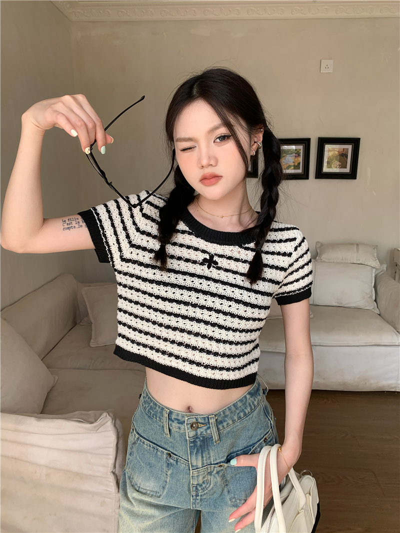 Knitted short short sleeve stripe mixed colors tops