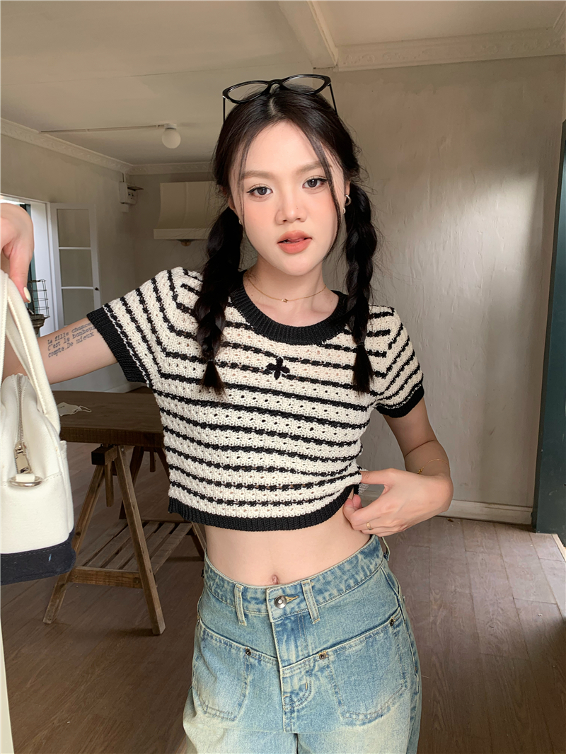 Knitted short short sleeve stripe mixed colors tops
