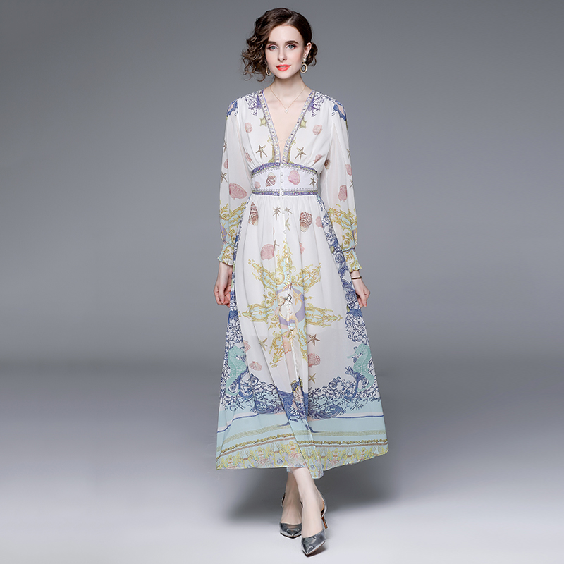 V-neck long sleeve printing spring pinched waist dress