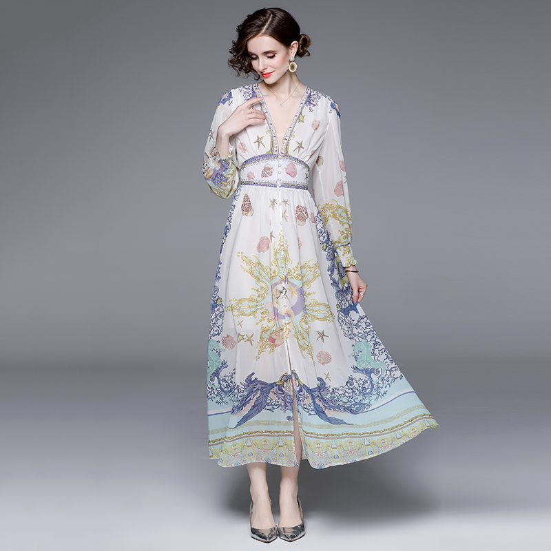 V-neck long sleeve printing spring pinched waist dress