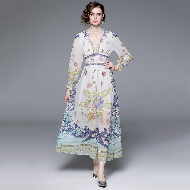 V-neck long sleeve printing spring pinched waist dress