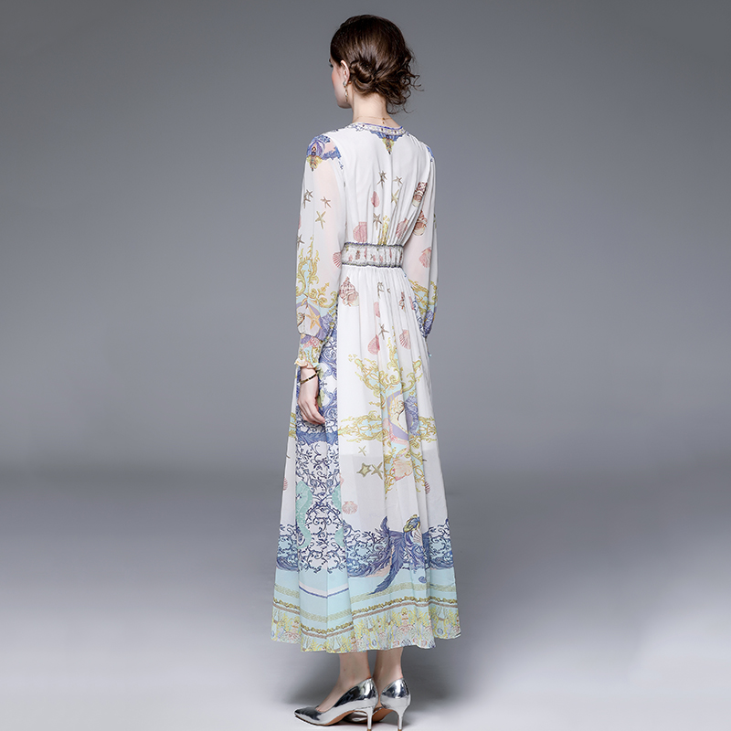 V-neck long sleeve printing spring pinched waist dress