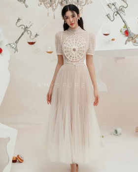 Lace high waist embroidery half high collar dress