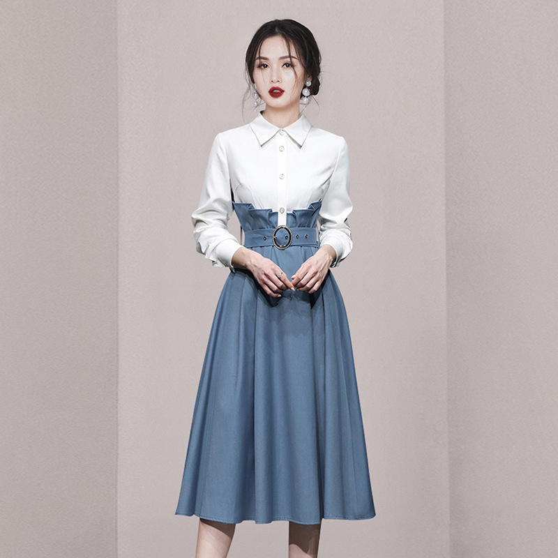 Blue-white long dress temperament dress for women