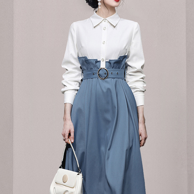 Blue-white long dress temperament dress for women