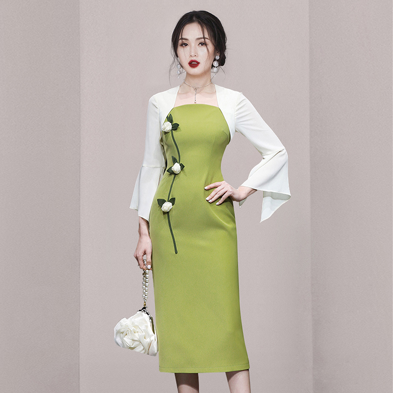 Slim temperament dress pinched waist package hip long dress