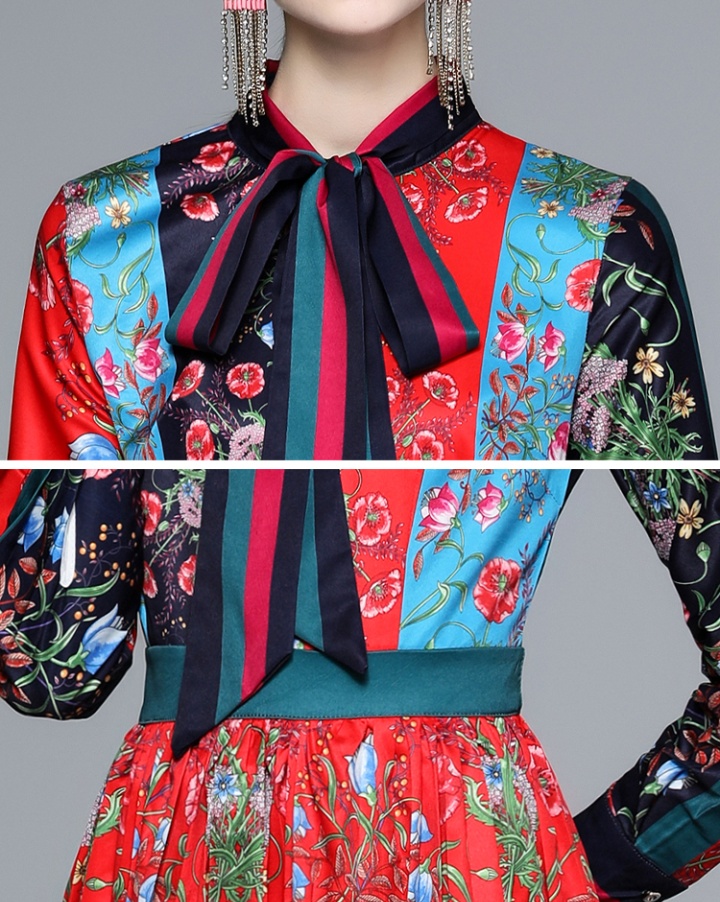 Medium waist spring bow dress pleated printing shirt