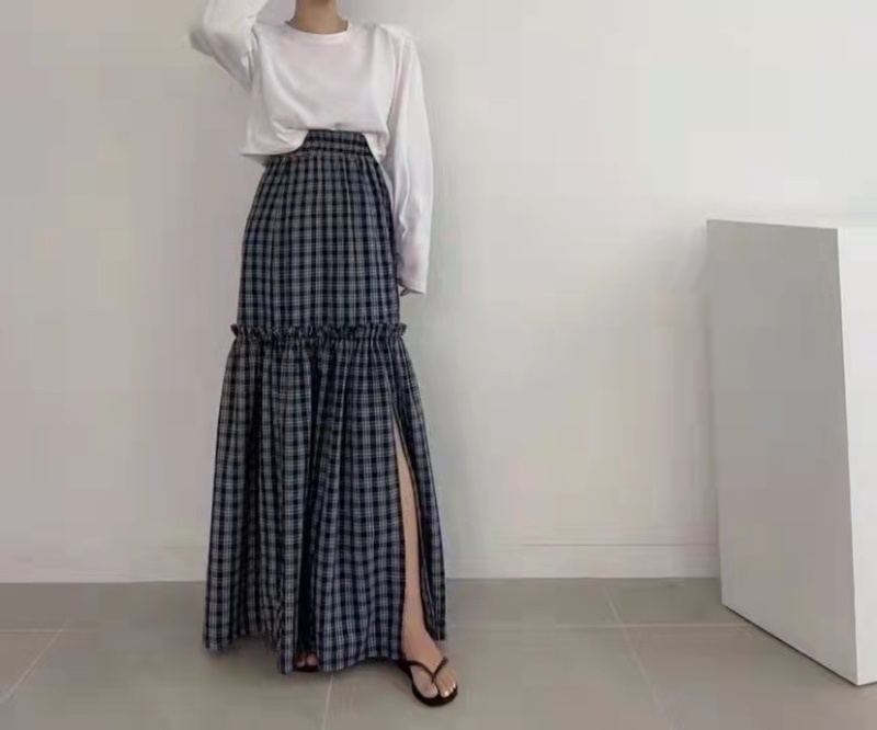 Plaid split fold Korean style high waist summer skirt