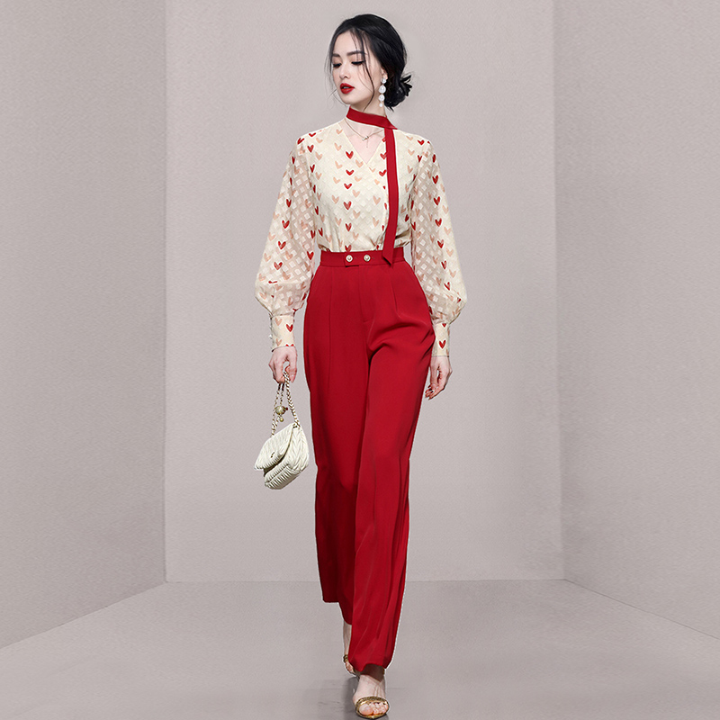 Red temperament pants spring wide leg pants 2pcs set