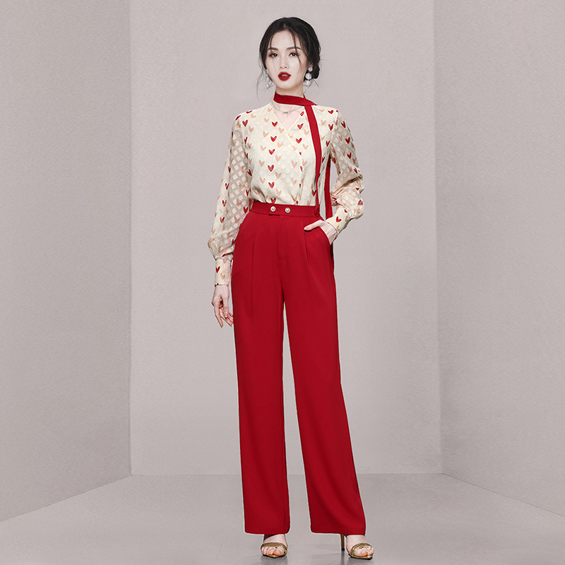 Red temperament pants spring wide leg pants 2pcs set