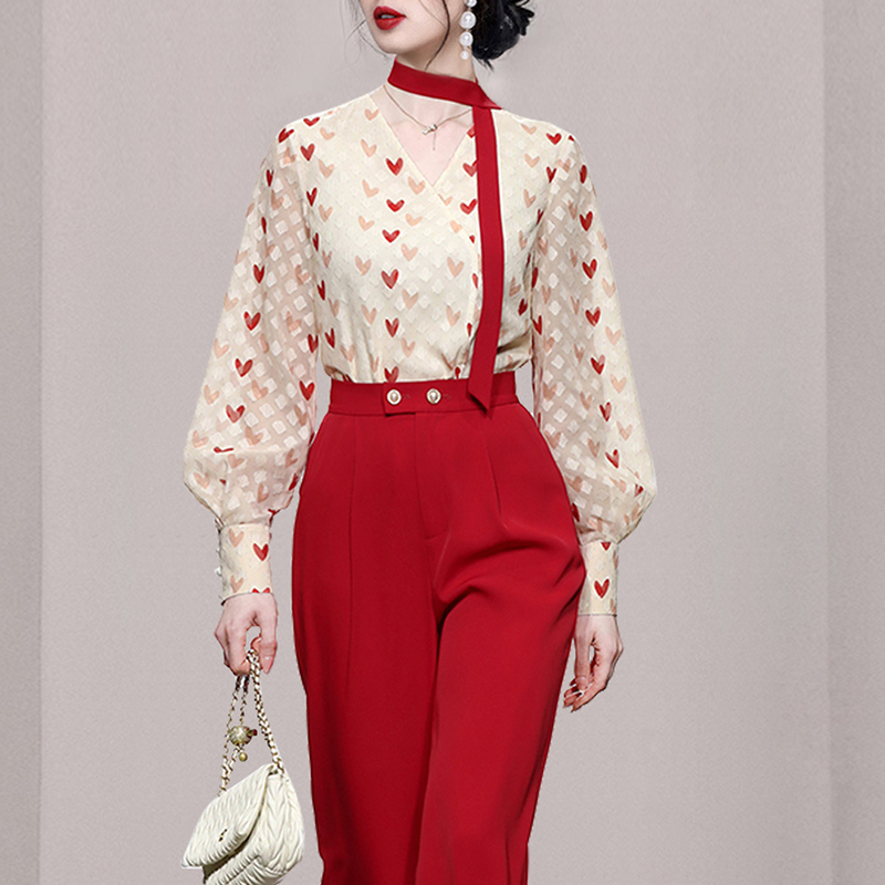 Red temperament pants spring wide leg pants 2pcs set