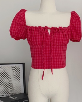 Bandage puff sleeve shirt summer plaid tops for women