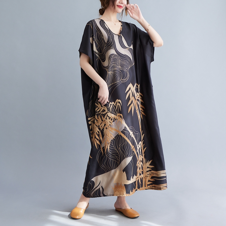 Casual printing colors long dress V-neck short sleeve big robe